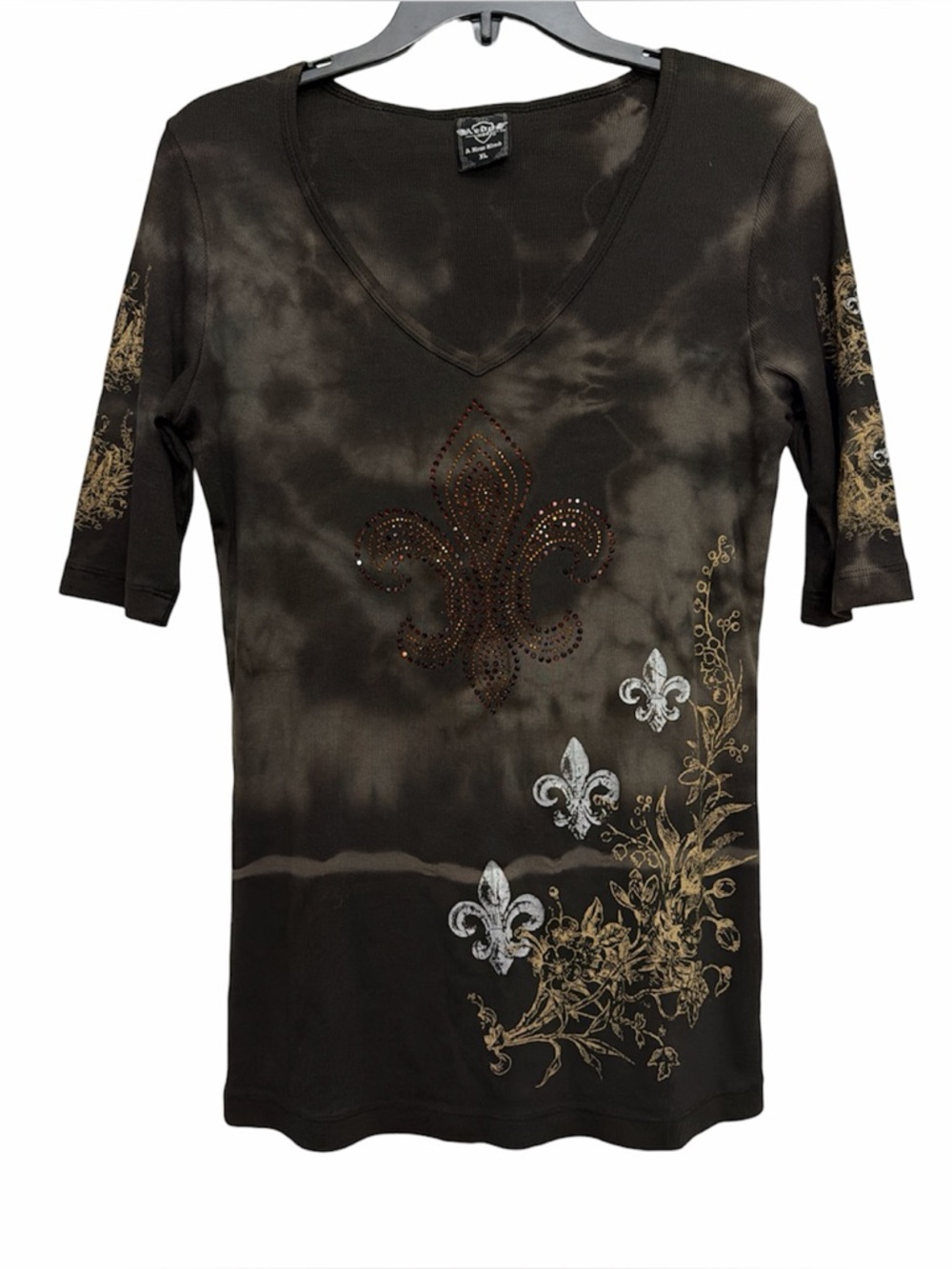Sledge USA Fleur De Lis Jeweled Half Sleeve Ribbed Top Size XL Grunge Rock
